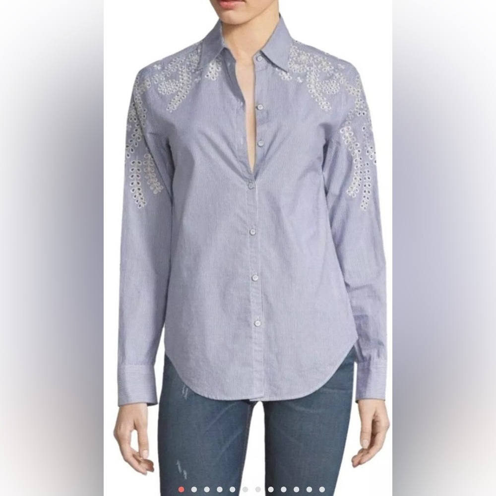 RAG & BONE Navy Stripe Sahara Shirt Crochet Open Cut Out Button Down Size M